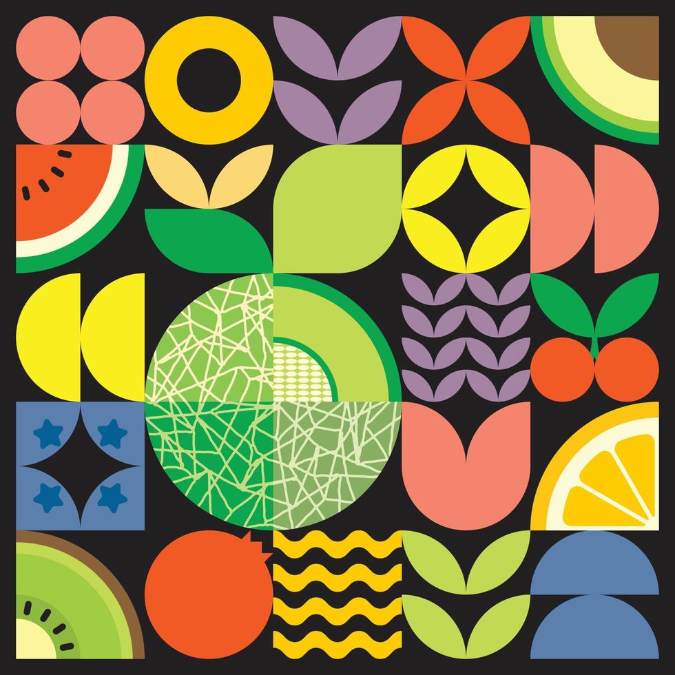 affiche géométrique d'illustration de coupe de fruits frais d'été avec des formes simples colorées. conception de modèle de vecteur abstrait plat de style scandinave. illustration minimaliste d'un melon vert sur fond noir.