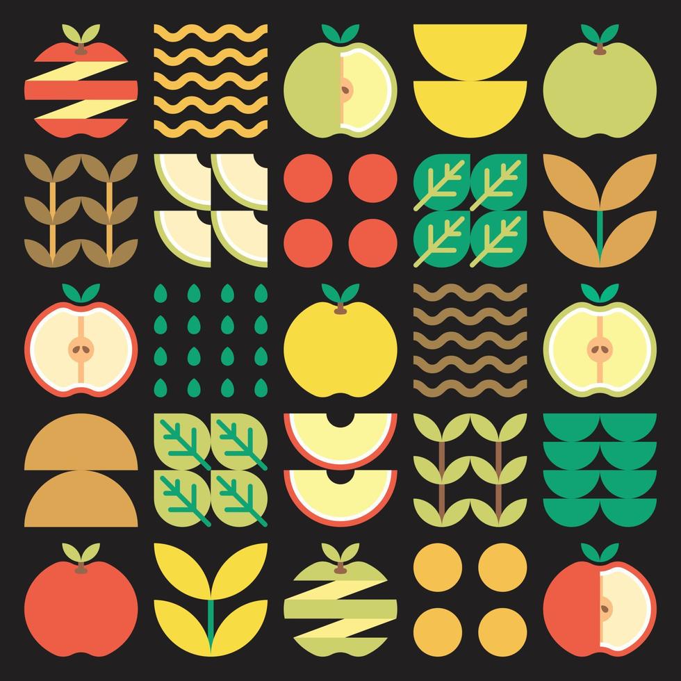 oeuvre abstraite d'icône de pomme. illustration de conception d'un motif de pomme coloré, de feuilles et de symboles géométriques dans un style minimaliste. fruit entier, coupé et fendu. vecteur plat simple sur fond noir.