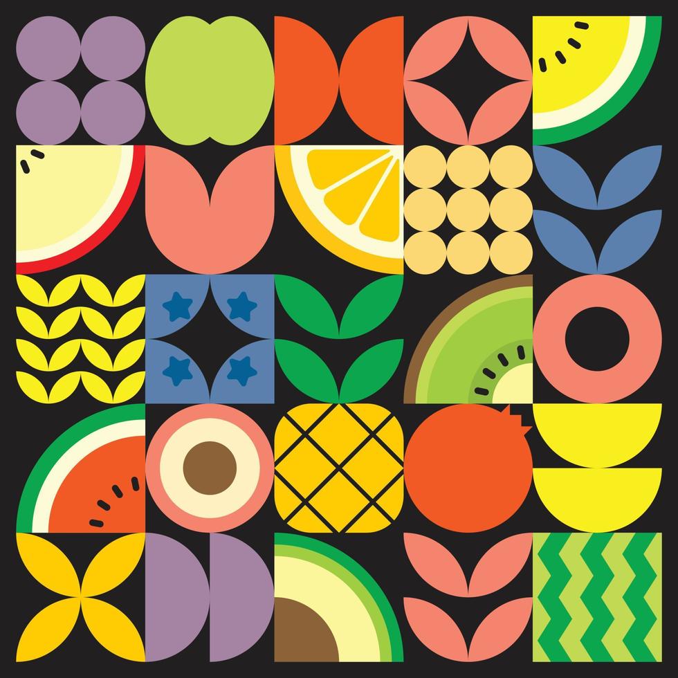 affiche d'illustration géométrique de fruits frais d'été avec des formes simples colorées. motif vectoriel abstrait plat de style scandinave. illustration minimaliste de fruits et de feuilles sur fond noir.