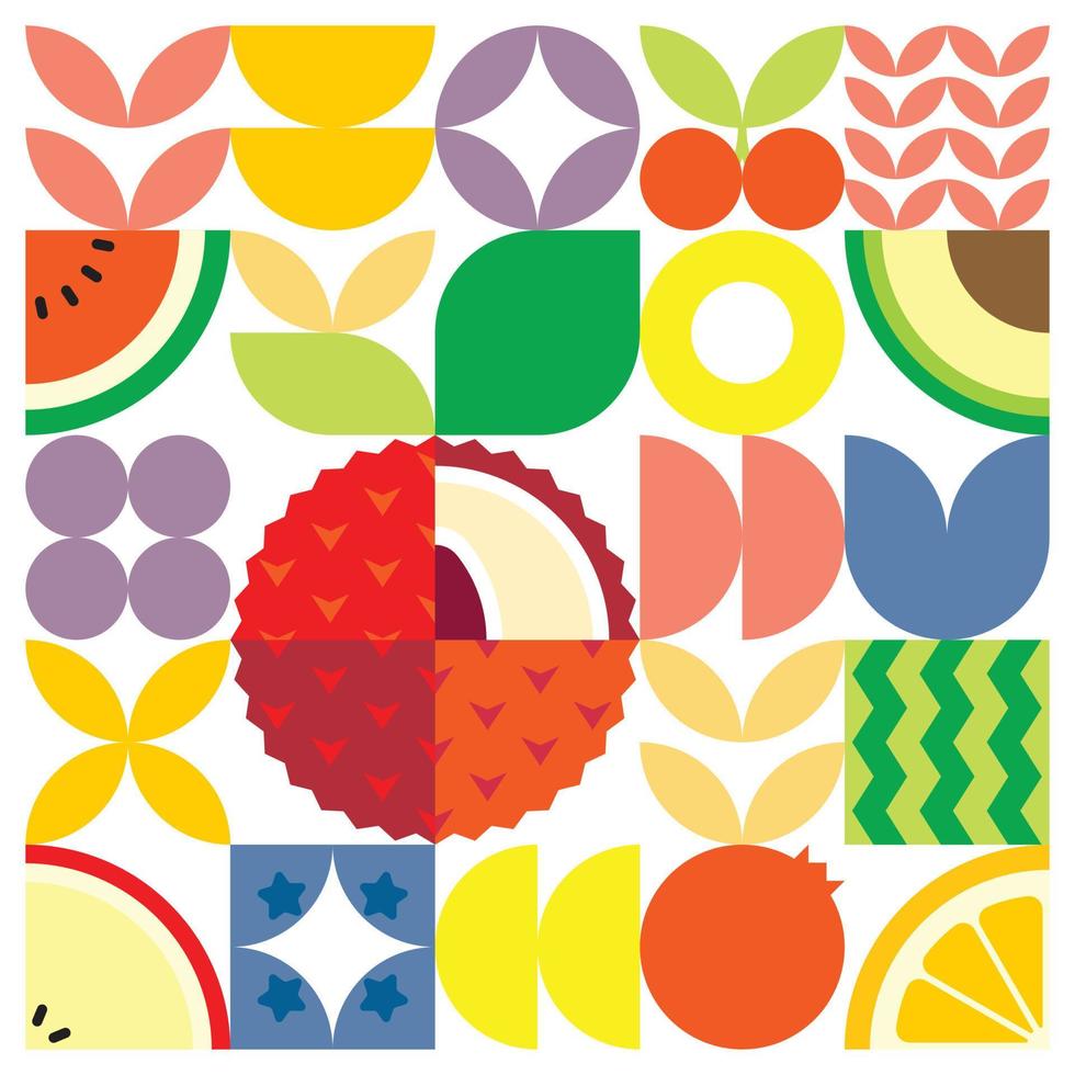 affiche géométrique d'illustration de coupe de fruits frais d'été avec des formes simples colorées. conception de modèle de vecteur abstrait plat de style scandinave. illustration minimaliste d'un litchi sur fond blanc.