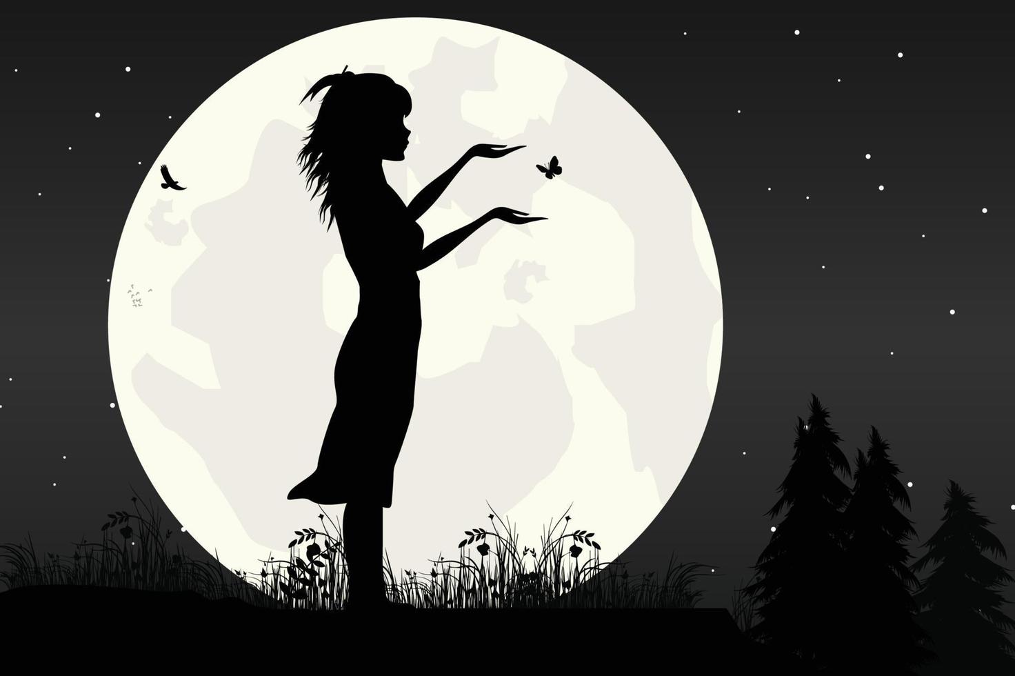 jolie fille et graphique de silhouette de lune vecteur