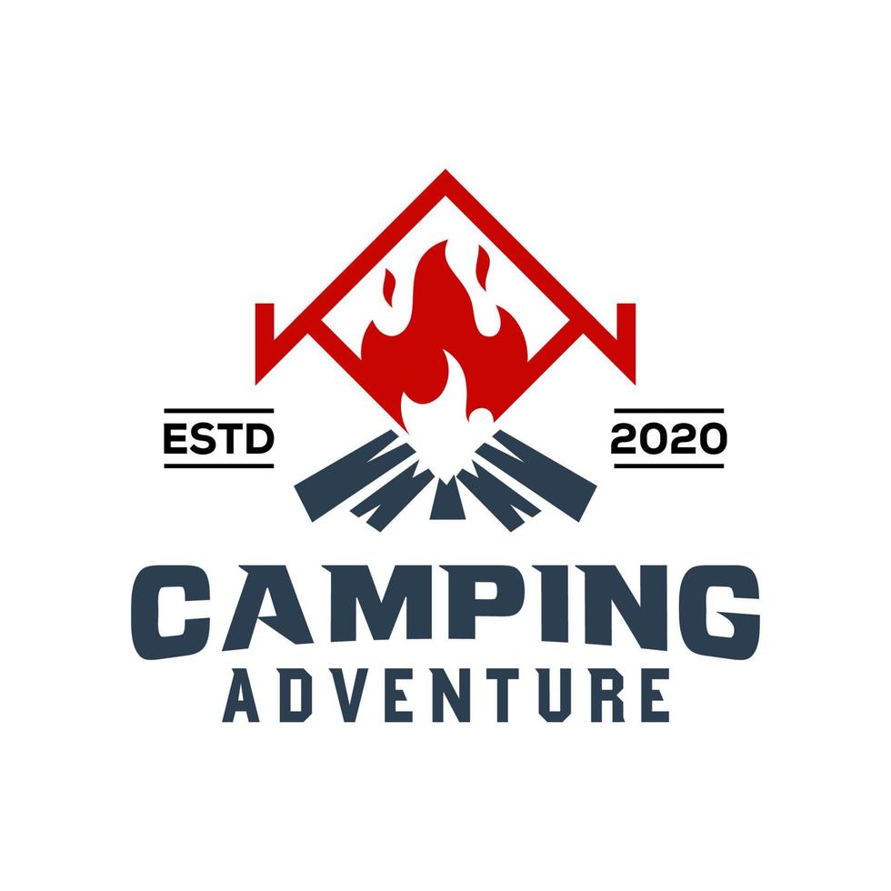 tente extérieure de camping vintage avec feu ou flamme, création de logo rétro aventure vecteur