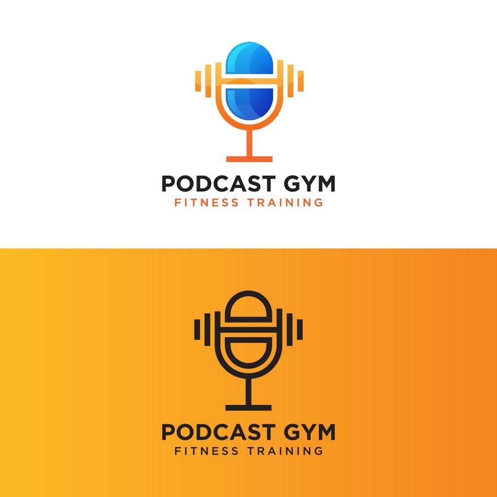 création de logo d'entraînement de fitness gym podcast, micro avec modèle vectoriel de concept de logo d'haltères
