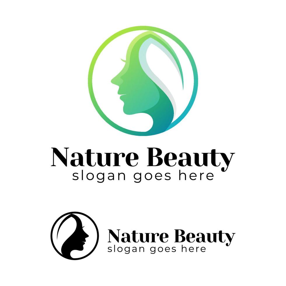 logo femme beauté nature avec icône feuille pour cosmétiques, salon, maquillage, spa, soins de la peau vecteur