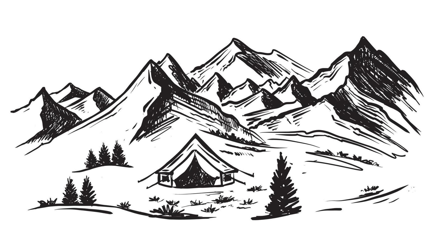 camping dans la nature, paysage de montagne, style de croquis, illustrations vectorielles. vecteur