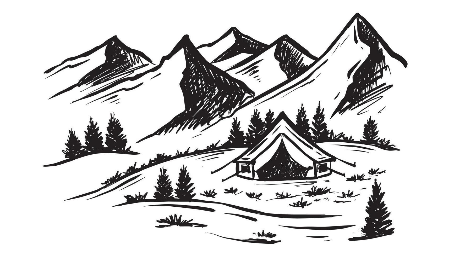 camping dans la nature, paysage de montagne, style de croquis, illustrations vectorielles. vecteur