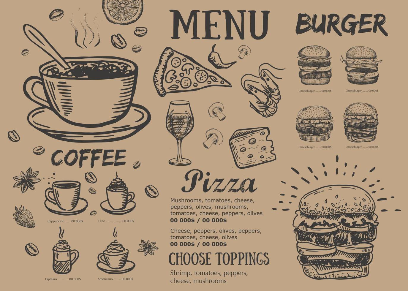 menu du restaurant, conception de modèles .. dépliant alimentaire. style dessiné à la main. illustration vectorielle. vecteur