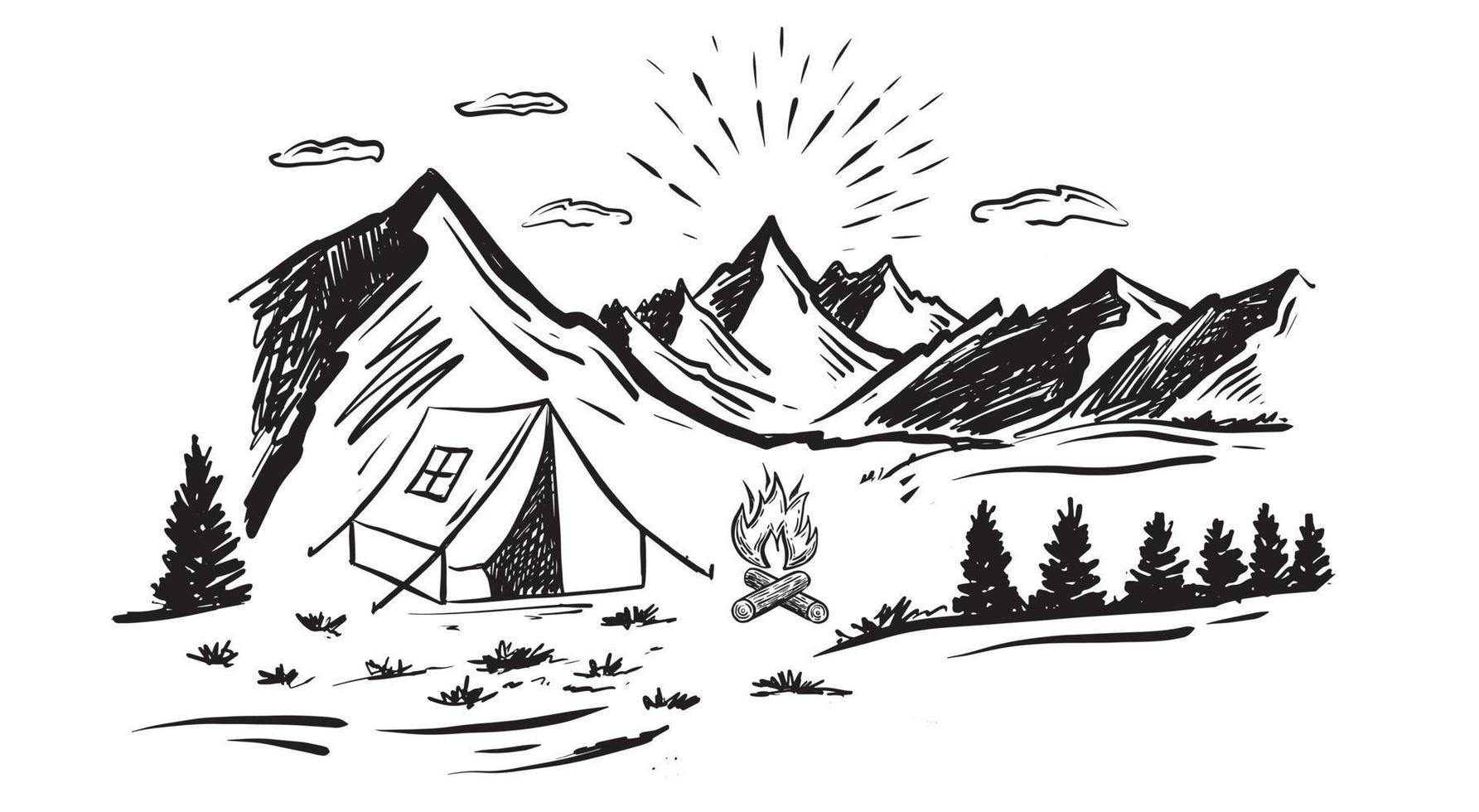 camping dans la nature, paysage de montagne, style de croquis, illustrations vectorielles. vecteur