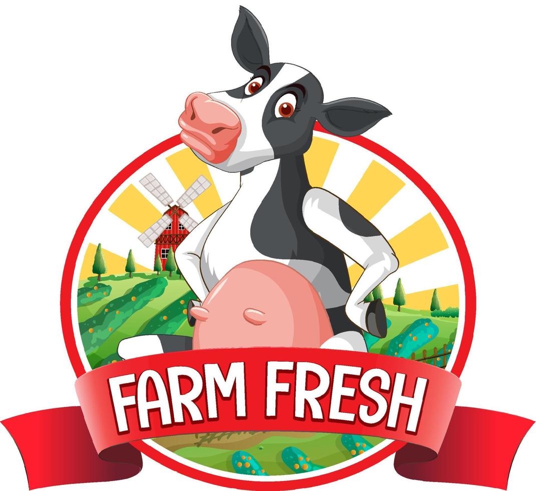 vache de dessin animé avec étiquette fraîche de la ferme vecteur