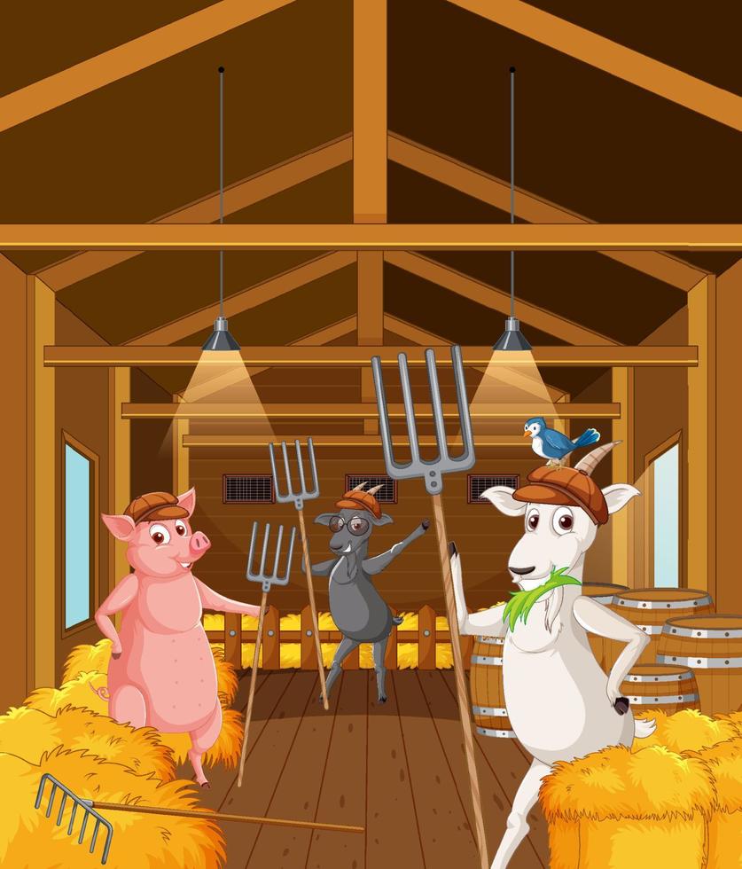 scène intérieure de la grange avec des animaux de la ferme vecteur