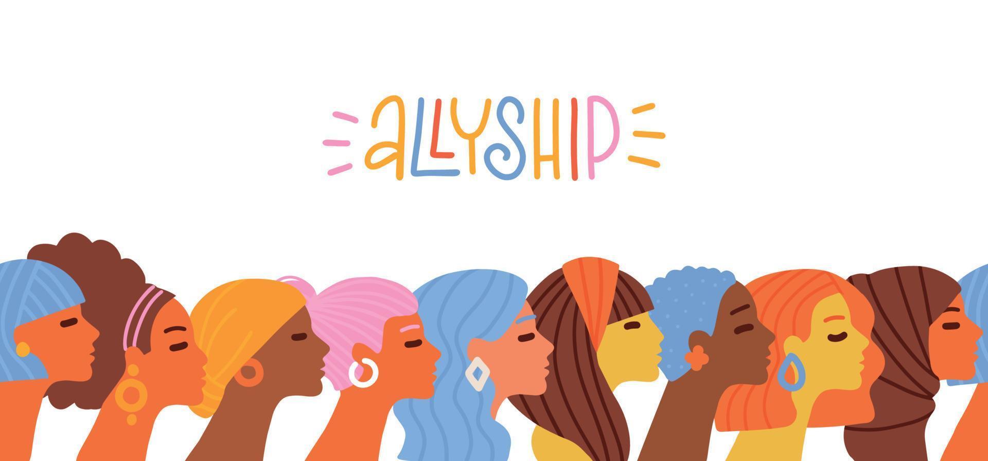 face à des silhouettes de profil féminin multiethnique multiculturel en ligne. concept d'égalité raciale opportunités de justice anti-racisme, alliance. bannière avec mot de lettrage. vecteur plat dessiné à la main