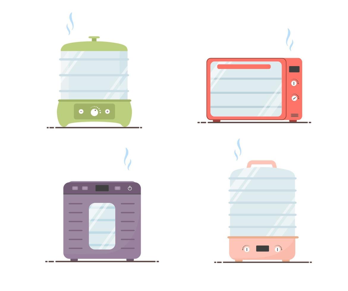 déshydrateur alimentaire électrique. ensemble de machines à sécher. concept de régime alimentaire sain. illustration vectorielle plane en style cartoon. vecteur