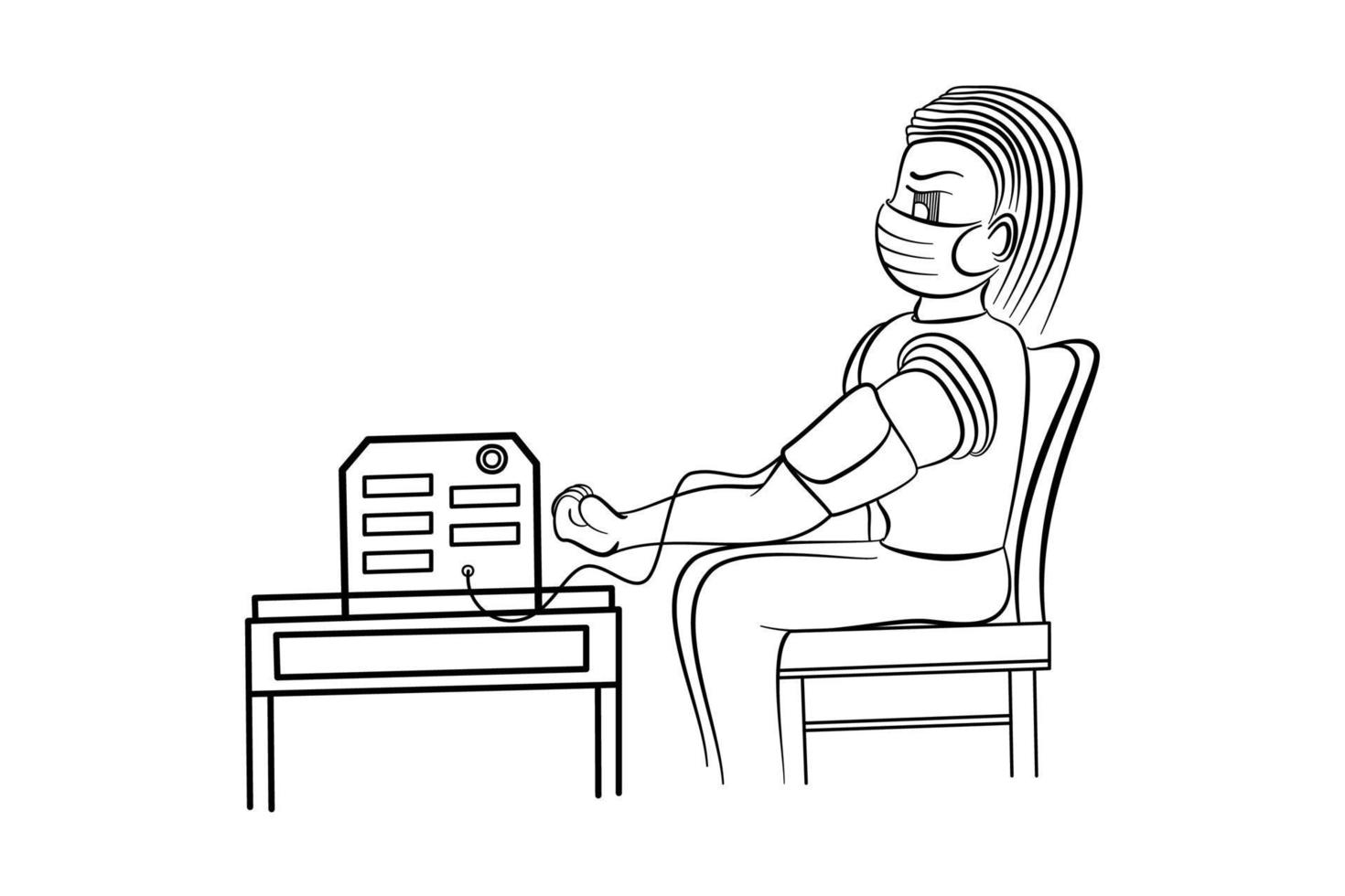 illustration d'art en ligne d'un homme portant un masque pour mesurer la pression artérielle vecteur
