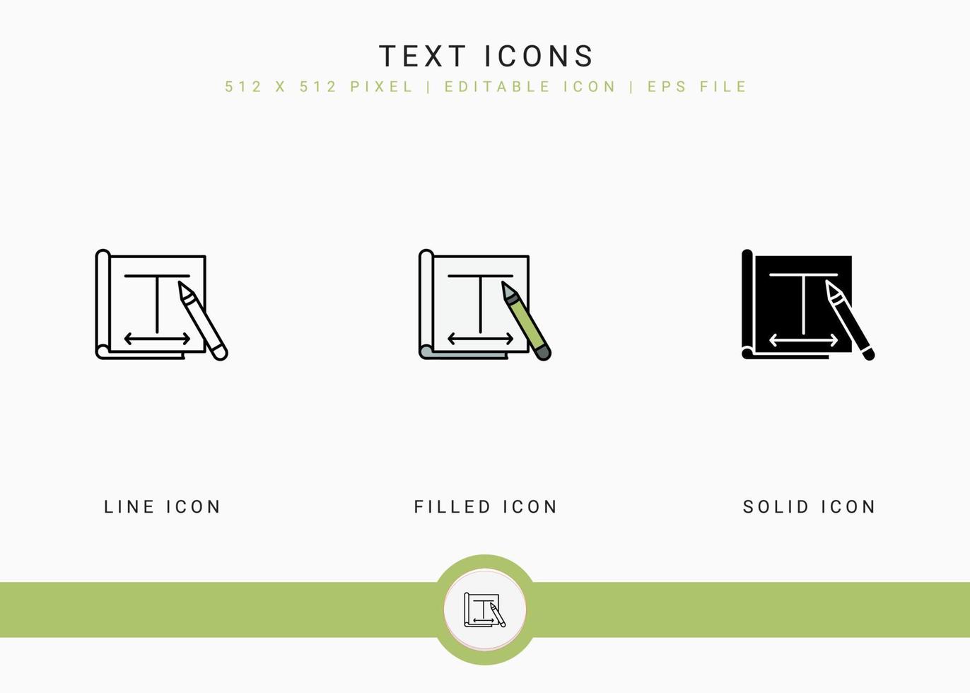 les icônes de texte définissent une illustration vectorielle avec un style de ligne d'icône solide. concept de publication de journaliste. icône de trait modifiable sur fond isolé pour la conception Web, l'interface utilisateur et l'application mobile vecteur