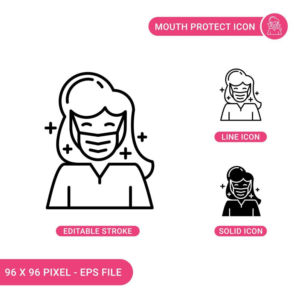 les icônes de protection de la bouche définissent une illustration vectorielle avec un style de ligne d'icône solide. concept de masque de visage de femme. icône de trait modifiable sur fond isolé pour la conception Web, l'infographie et l'application mobile ui. vecteur