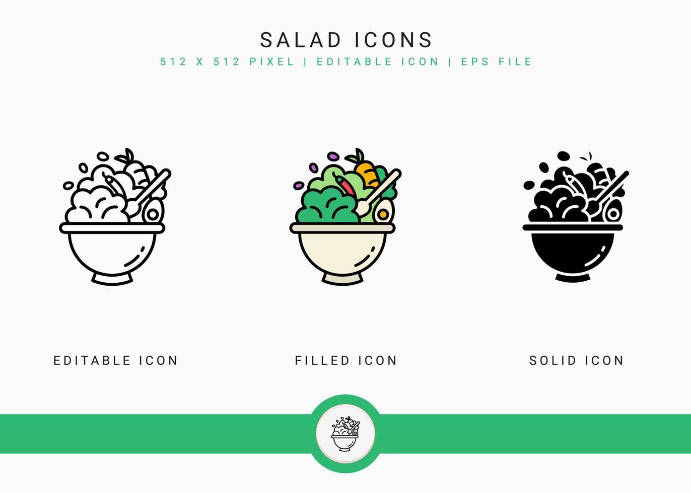 les icônes de la salade définissent une illustration vectorielle avec un style de ligne d'icône solide. concept d'ingrédients végétaliens sains. icône de trait modifiable sur fond blanc isolé pour la conception Web, l'interface utilisateur et l'application mobile vecteur