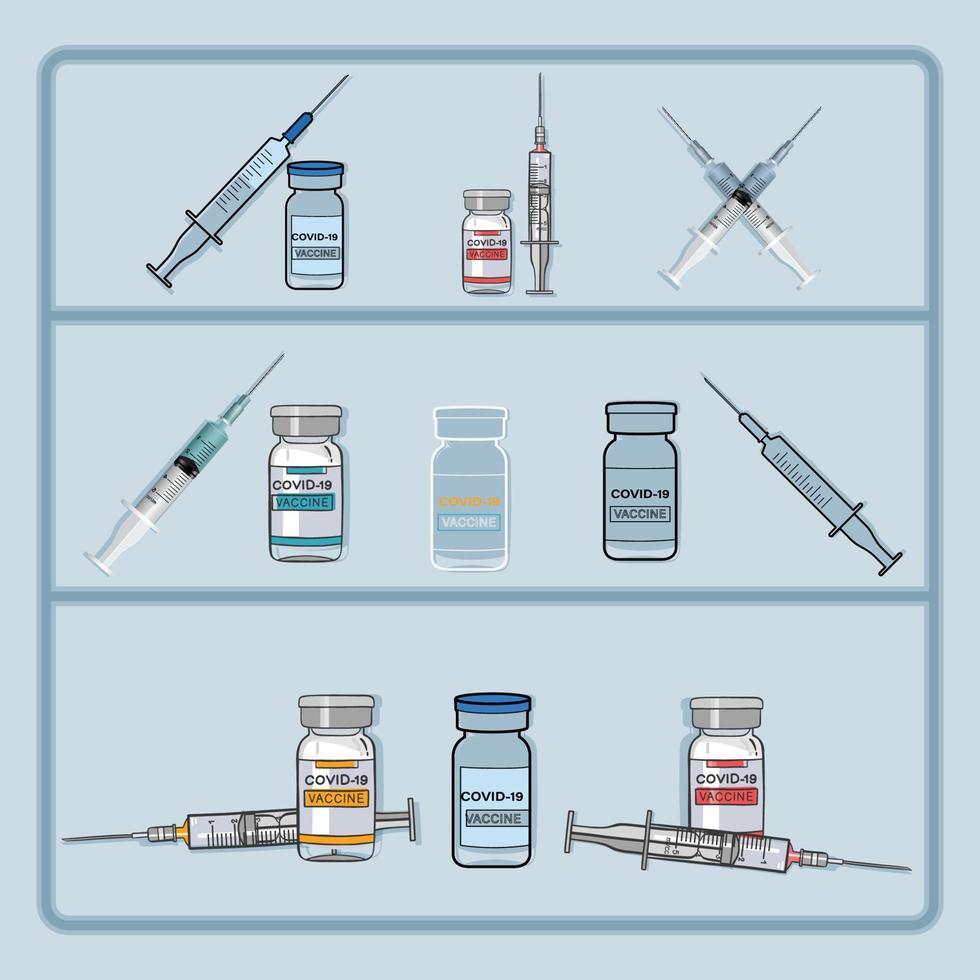 ensemble d'icônes vectorielles de flacon, seringue et aiguille de vaccin covid 19 vecteur