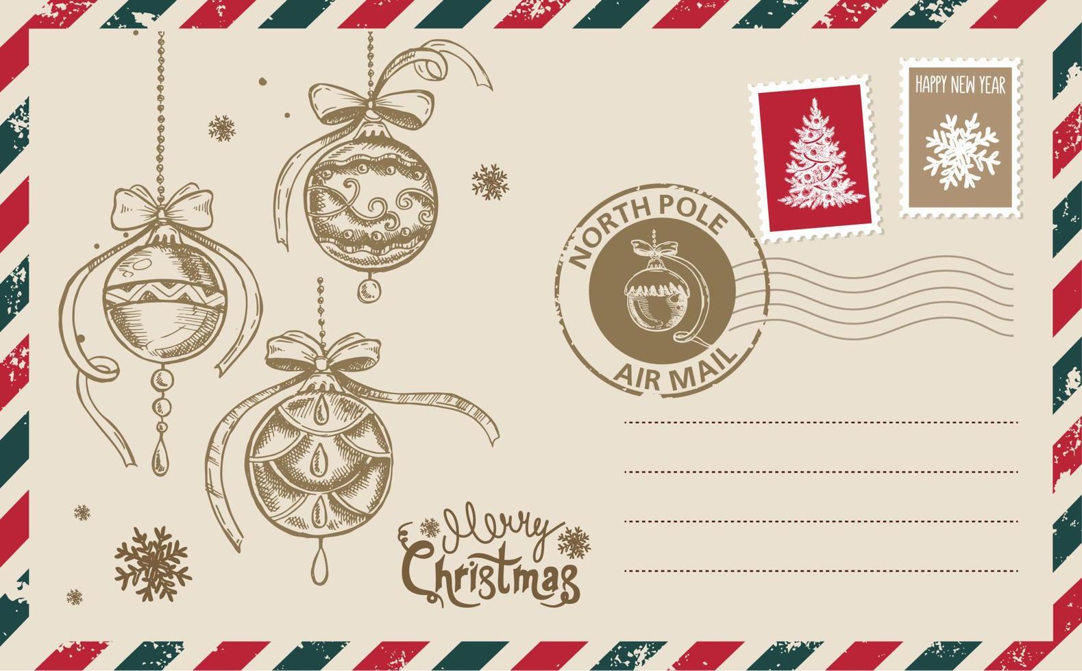 courrier de noël, carte postale, illustration dessinée à la main. vecteur