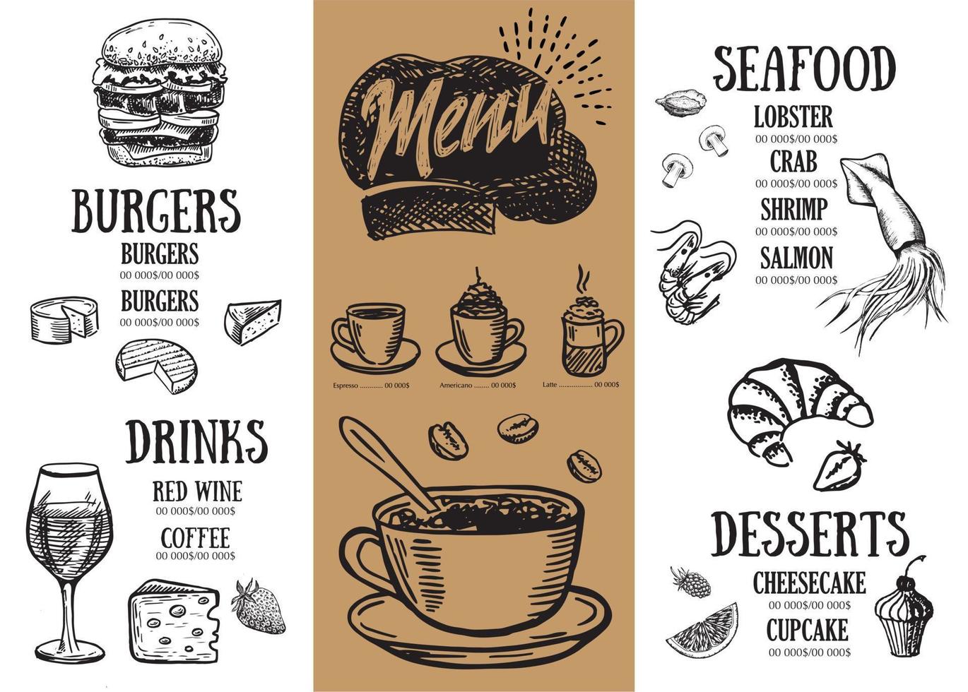 menu du restaurant, conception de modèles .. dépliant alimentaire. style dessiné à la main. illustration vectorielle. vecteur