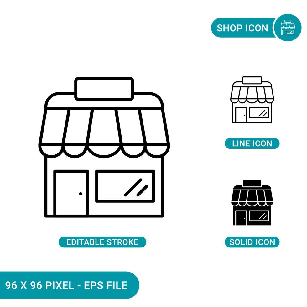 icônes de boutique définissent une illustration vectorielle avec un style de ligne d'icône solide. concept de boutique en ligne. icône de trait modifiable sur fond isolé pour la conception Web, l'infographie et l'application mobile ui. vecteur