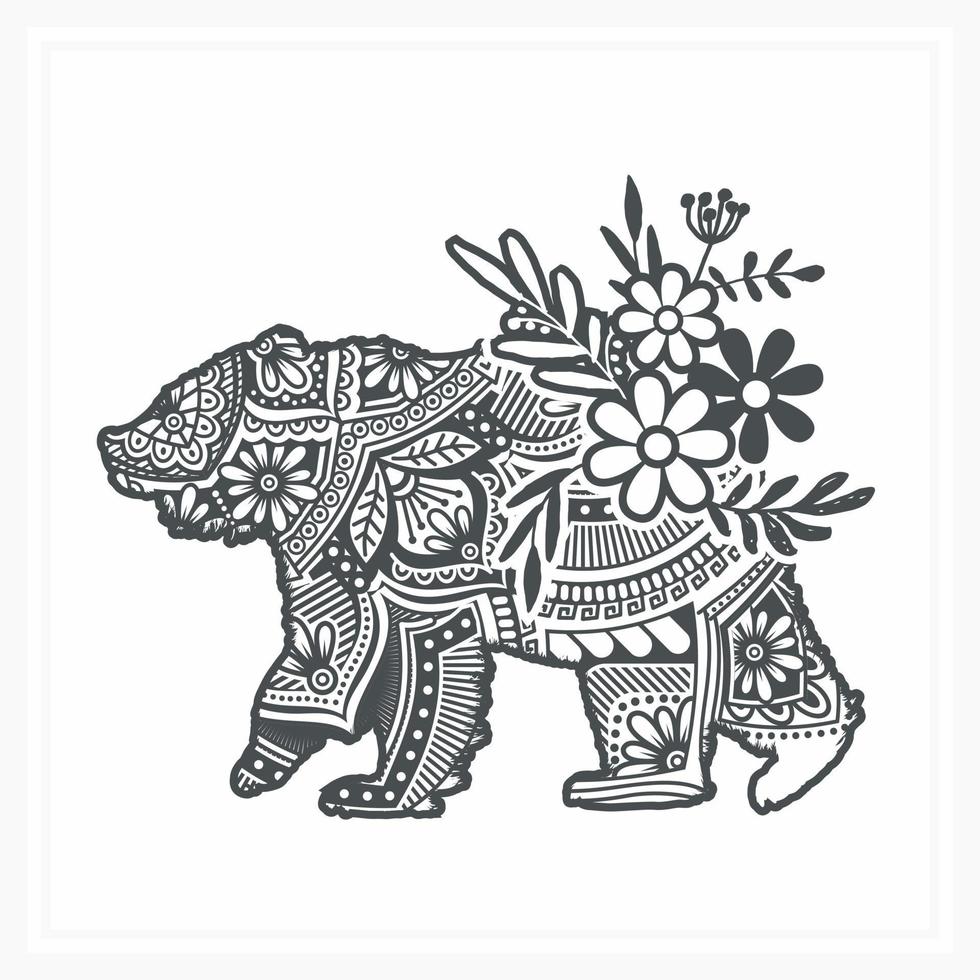 ours mandala avec fleur. vecteur, dessin au trait vecteur