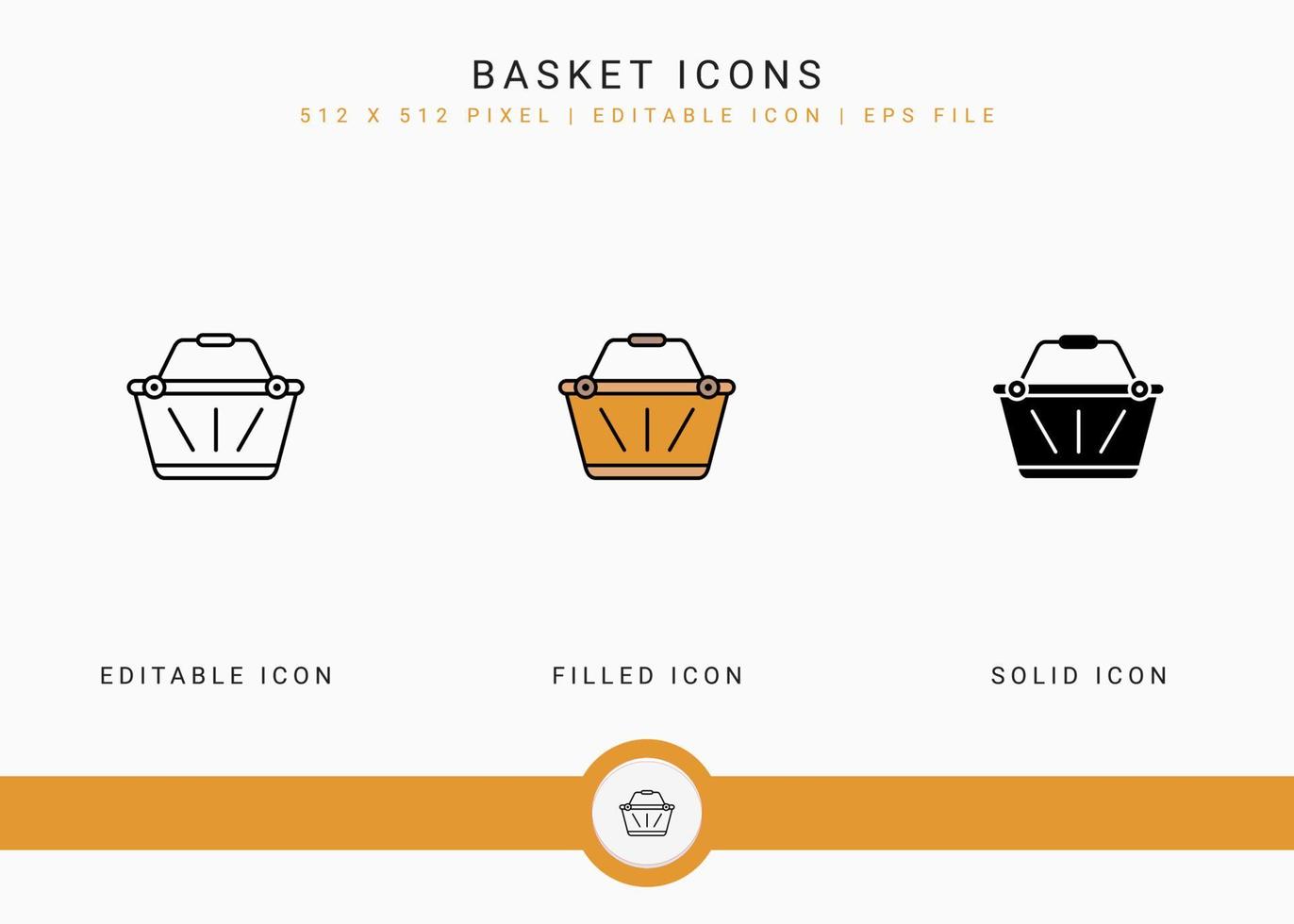 les icônes de panier définissent une illustration vectorielle avec un style de ligne d'icône solide. concept de vente au détail de magasin en ligne. icône de trait modifiable sur fond isolé pour la conception Web, l'interface utilisateur et l'application mobile vecteur