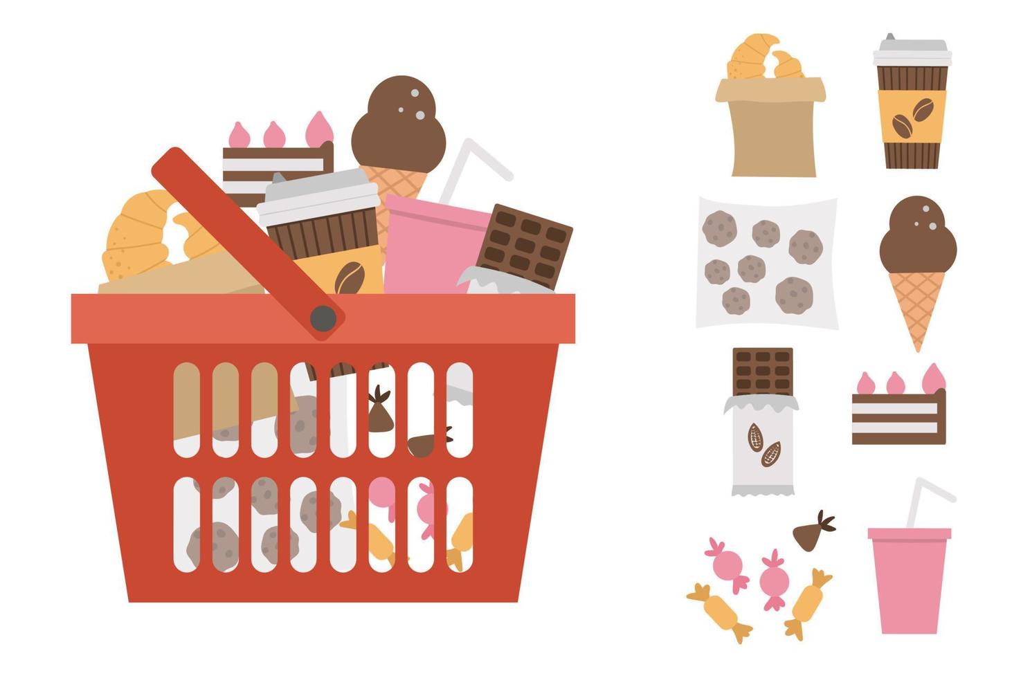 vecteur panier rouge avec icône de produits isolé sur fond blanc. chariot de magasin en plastique avec des bonbons et des pâtisseries. illustration d'aliments malsains