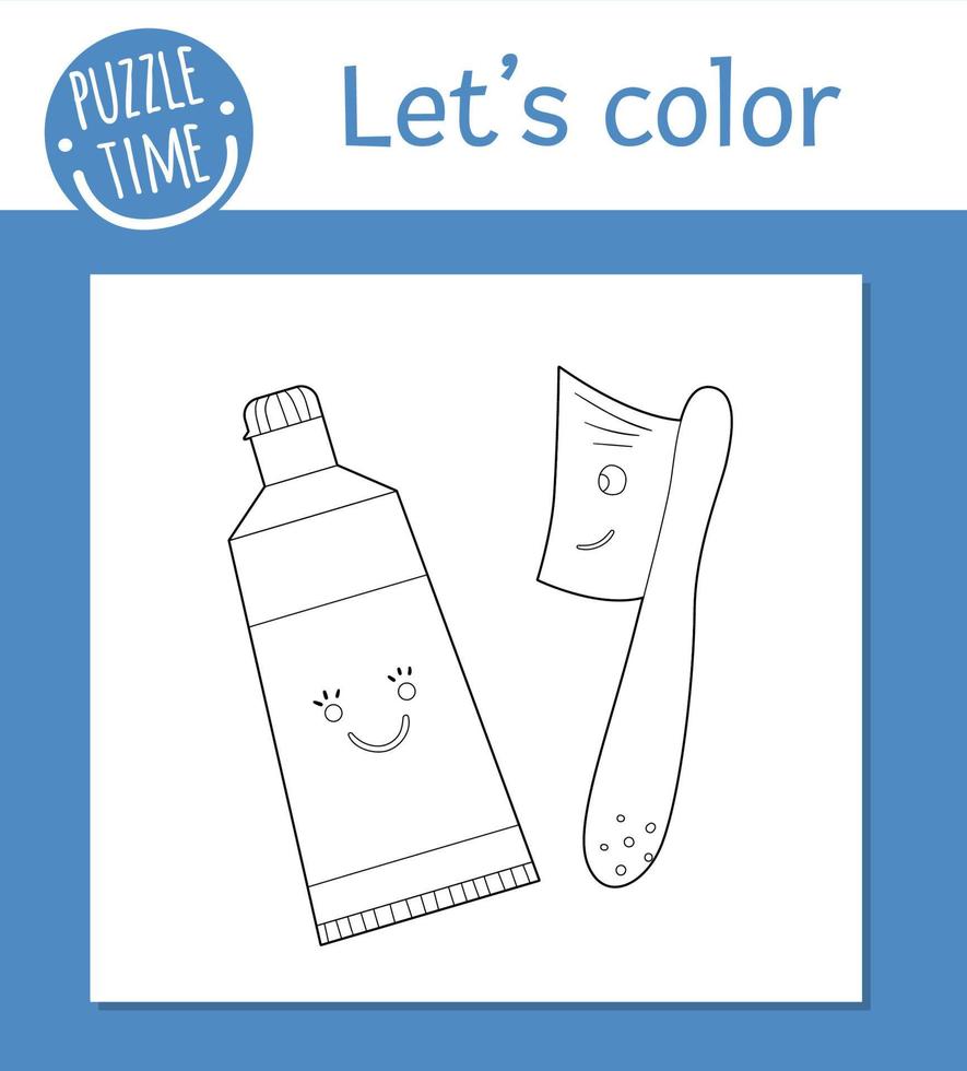 page de coloriage de vecteur avec une brosse à dents et un dentifrice kawaii mignons. personnages drôles de soin des dents. clipart de contour sur le thème dentaire pour les enfants. illustration d'hygiène buccale isolée sur fond blanc.