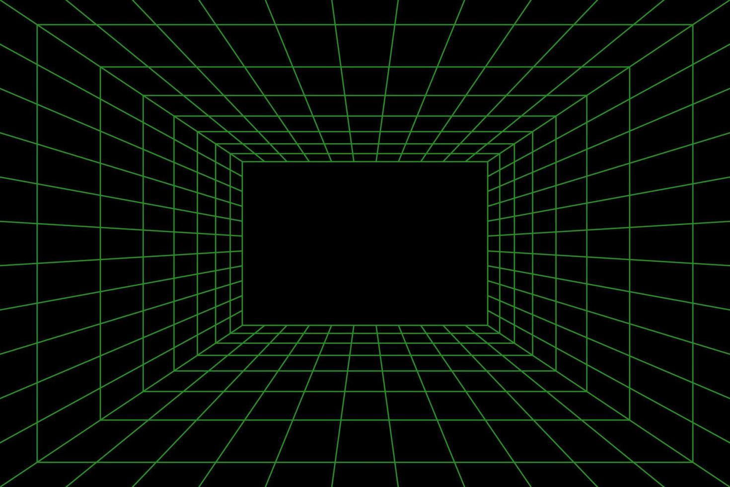 salle de grille en perspective, illustration vectorielle en style 3d. filaire intérieur à partir de lignes vertes, carré intérieur de modèle, boîte vide numérique. faisceau laser sur fond noir vecteur