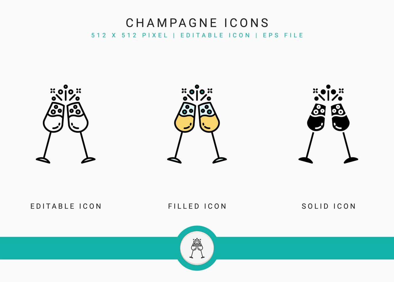 les icônes de champagne définissent une illustration vectorielle avec un style de ligne d'icône solide. concept effervescent de bulle de soda. icône de trait modifiable sur fond isolé pour la conception Web, l'infographie et l'application mobile ui. vecteur