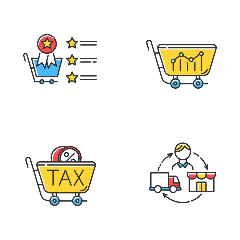 jeu d'icônes de couleur jaune commercial. recherche en marketing. liste des best-sellers, analyse des ventes, identifiant de taxe de vente, dropshipping. organisation commerciale. la promotion du produit. illustrations vectorielles isolées vecteur