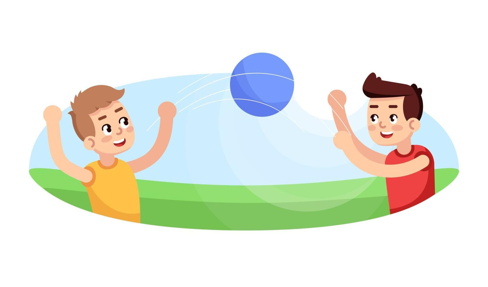 garçons jouant au ballon illustration vectorielle plane. jeu extérieur. section sport pour les enfants. loisirs actifs pour enfants. activités extra-scolaires. personnages de dessins animés de cours d'éducation physique de jeunes sportifs vecteur