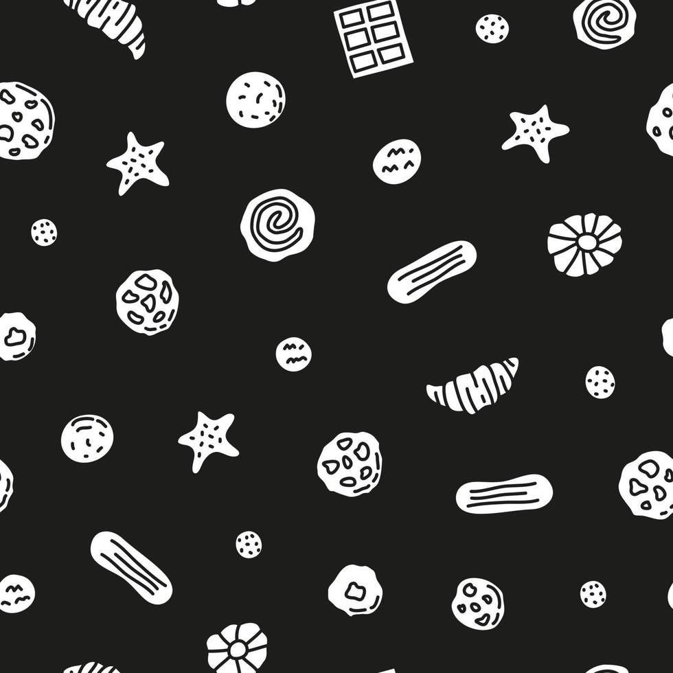 modèle sans couture noir et blanc avec des biscuits de doodle, des gaufres et des bonbons. vecteur