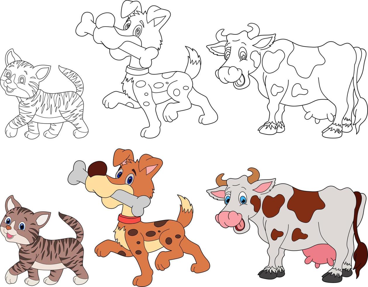 dessin vectoriel chat, chien et vache pour cahier de coloriage.