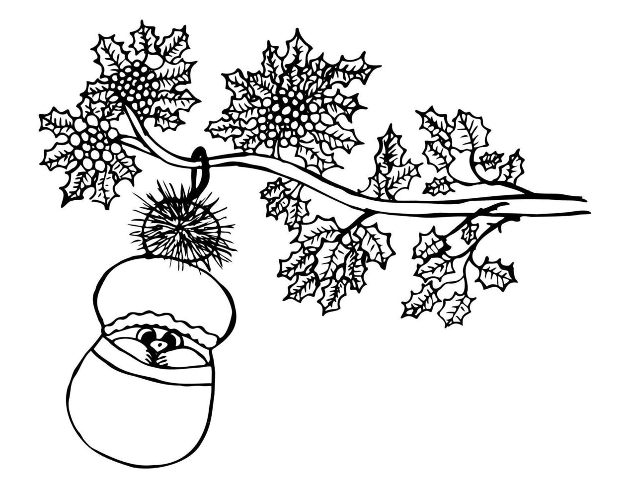 illustration vectorielle de gland dessin animé personnage. contour, gland de dessin au trait suspendu à l'arbre avec un contour mince noir isolé sur fond blanc. vecteur