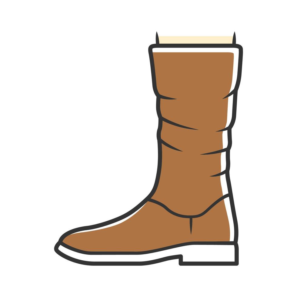 icône de couleur brune bottes de mollet pour femmes. chaussures en cuir vue de côté. conception de chaussures à talons plats pour femmes pour l'automne, le printemps et l'hiver. vêtements, accessoires vestimentaires pour dames. illustration vectorielle isolée vecteur