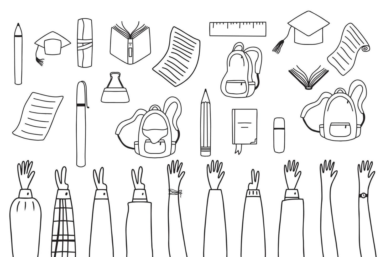 fournitures scolaires et ensemble d'articles isolés sur fond blanc. retour à l'école . accessoires d'espace de travail d'éducation. illustration vectorielle style doodle. les mains en l'air. vecteur