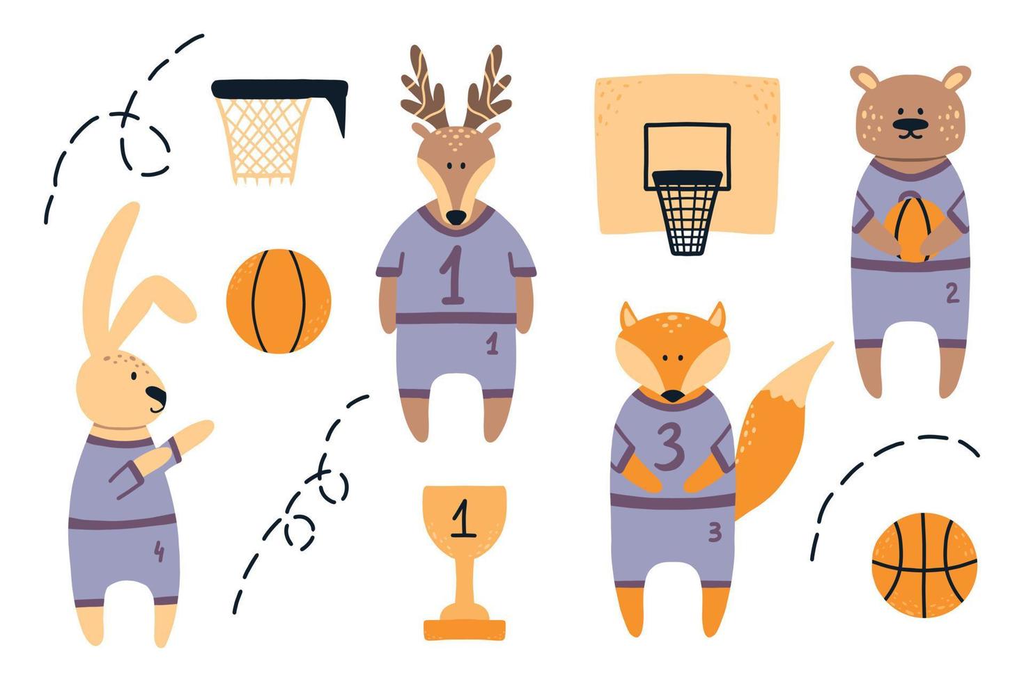 équipe de basket-ball d'animaux de la forêt. ensemble pour le basket-ball pour enfants. illustration dessinée à la main dans un style scandinave. illustration vectorielle. vecteur