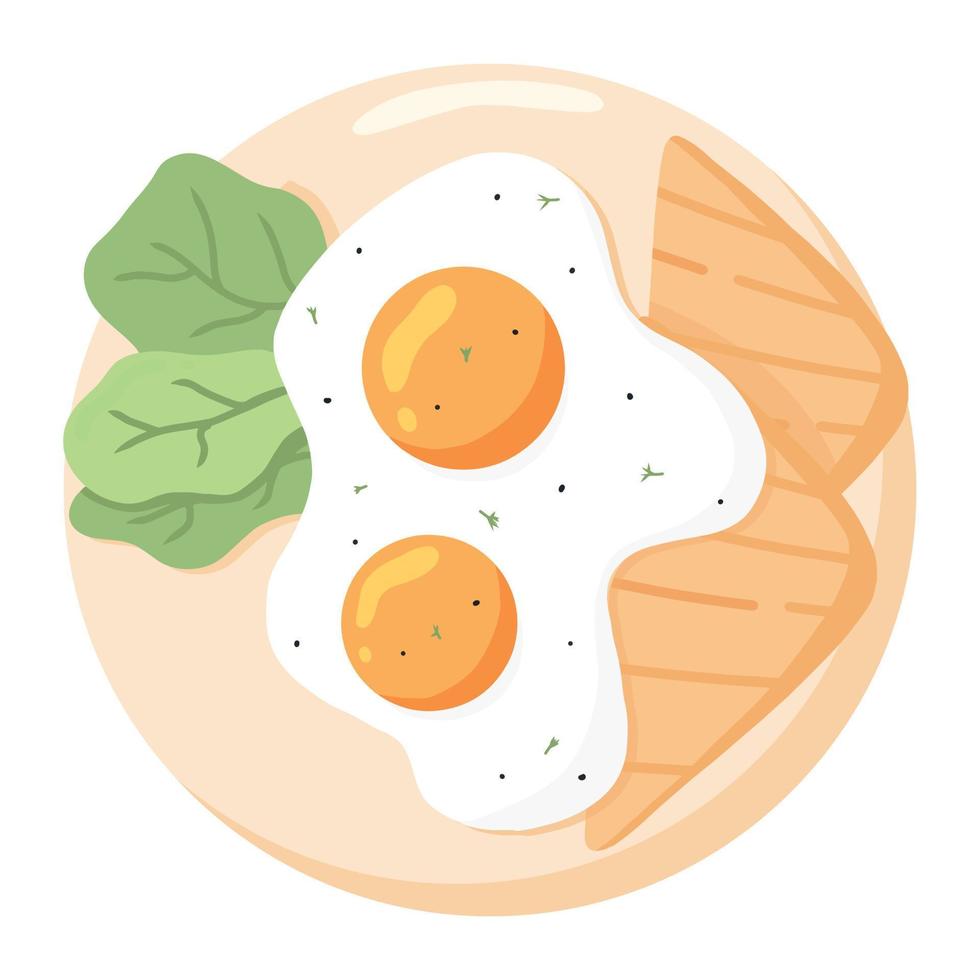 oeufs sur une assiette. œufs au plat avec légumes et pain. délicieux petit déjeuner anglais. omelette avec du pain. illustration vectorielle en style cartoon. vecteur