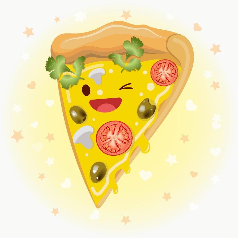 illustration d'icône vectorielle de pizza mignonne. logo de dessin animé d'autocollant de pizza. concept d'icône de nourriture. style de dessin animé plat adapté à la page de destination web, à la bannière, à l'autocollant, à l'arrière-plan. pizza kawaï. vecteur