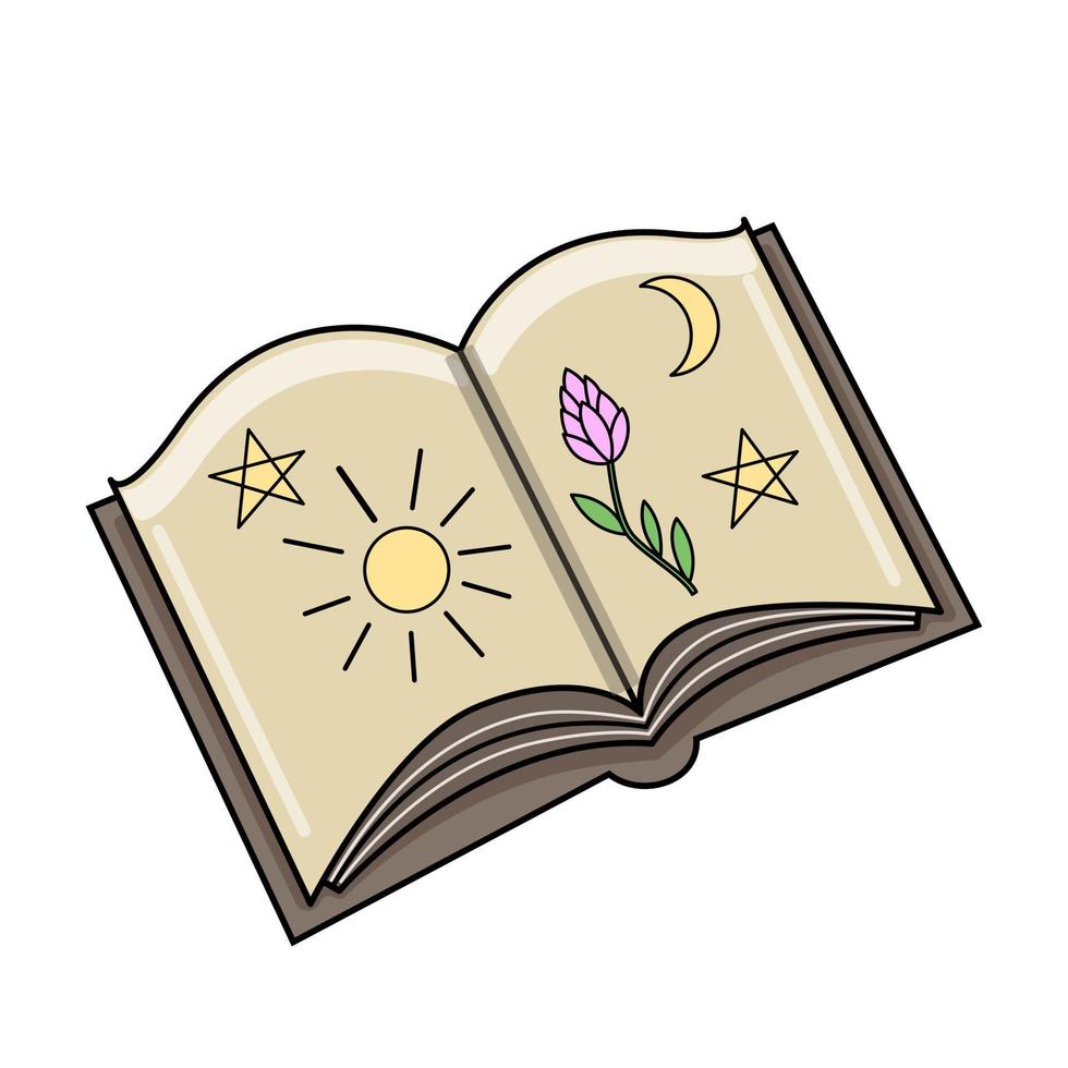 livre magique sur l'astrologie, tatouage magique pour sorcière, livre de sorts et sorcellerie. autocollant, icône, contour. vecteur