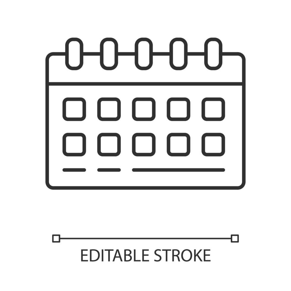 calendrier mural, icône linéaire de planificateur de bureau. illustration de fine ligne de planificateur d'entreprise. symbole de contour de feuille de temps mensuelle. lieu de travail de bureau, dessin de contour isolé de vecteur d'accessoire à la maison. trait modifiable