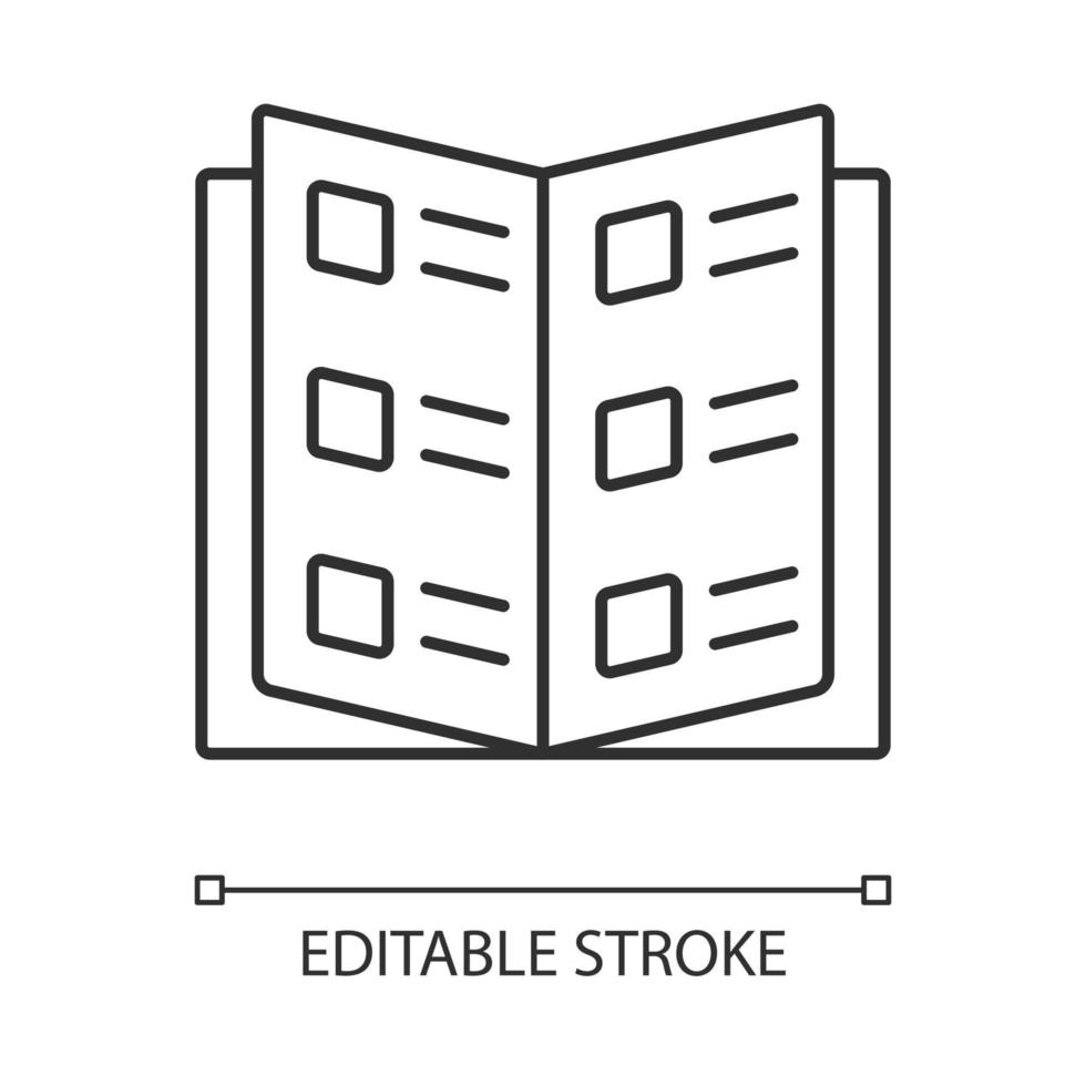 catalogue d'entreprise, icône linéaire de livre de référence. catalogue, illustration de fine ligne de menu de restaurant. symbole de contour de manuel scolaire. livret d'information vecteur dessin de contour isolé. trait modifiable