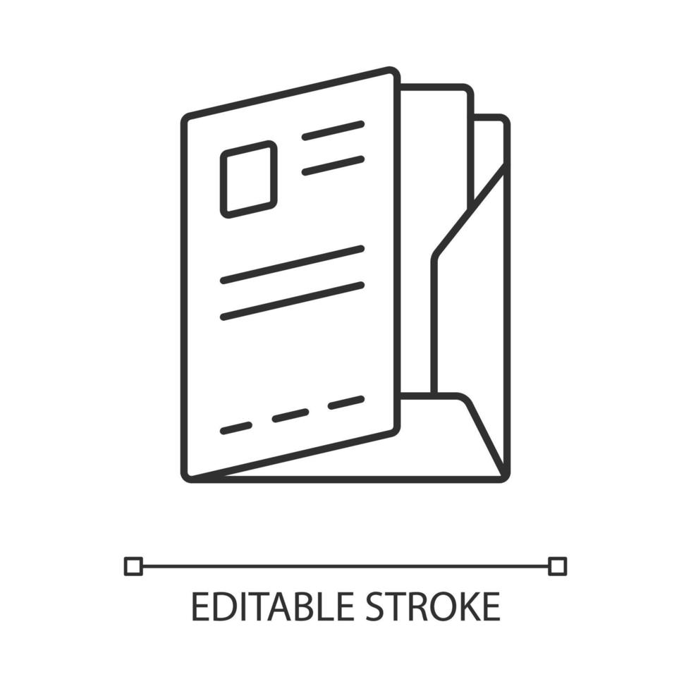 dossier de documents, icône linéaire de cas de papier. illustration de ligne mince de portefeuille. travail de bureau, symbole de contour de la bureaucratie. travailleur de l'entreprise, dessin de contour isolé de vecteur d'accessoire de greffier. trait modifiable