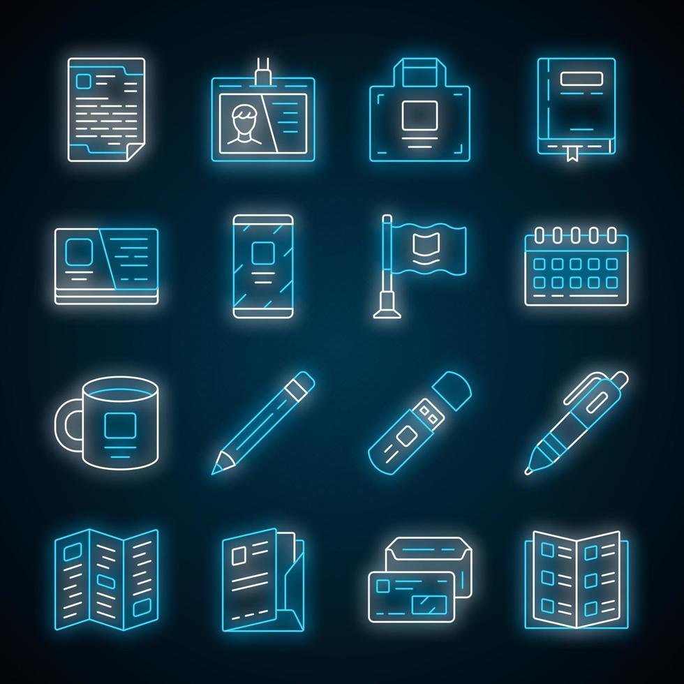 ensemble d'icônes de lumière néon de matériel de bureau. outils commerciaux signes lumineux. accessoires d'homme d'affaires illustrations vectorielles isolées. attributs d'entreprise, pack d'articles de papeterie. carnet, badge employé vecteur