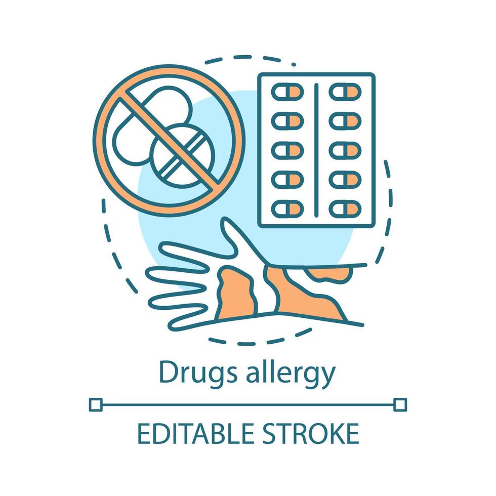 icône de concept d'allergie aux médicaments. réaction allergique aux médicaments idée illustration de la ligne mince. urticaire, démangeaisons de la peau, éruption cutanée sur la main. les pilules ont des effets secondaires. dessin de contour isolé de vecteur. trait modifiable vecteur