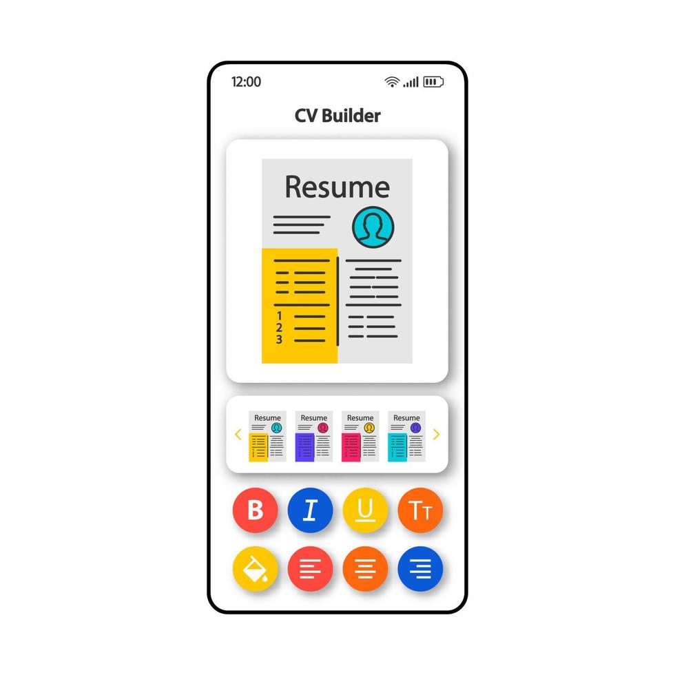 modèle de vecteur d'interface de smartphone constructeur de modèles de cv. mise en page de conception de couleur de page d'application mobile. rédaction de CV professionnel. interface utilisateur plate pour l'application. curriculum vitae édition téléphone affichage..