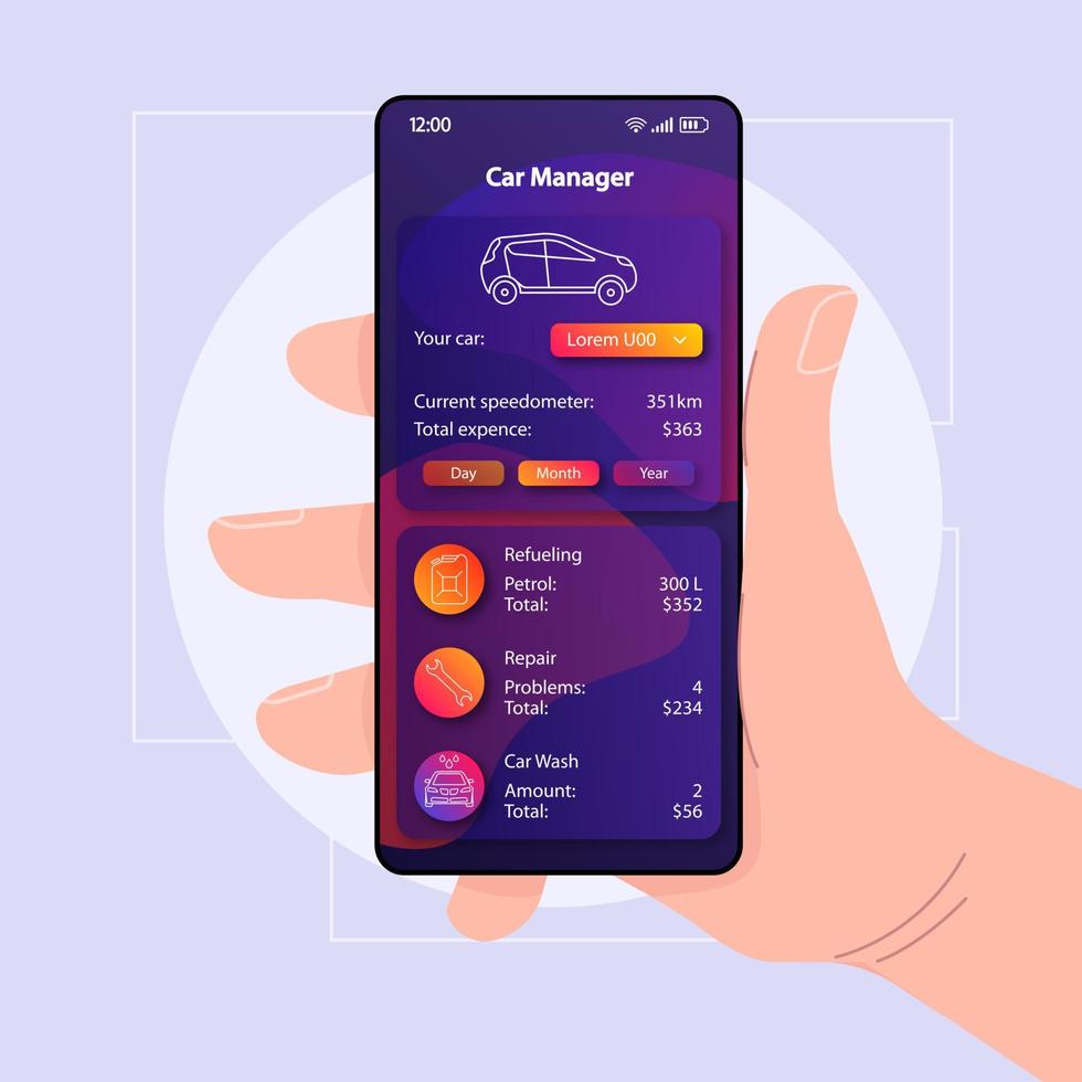 modèle de vecteur d'interface de smartphone de contrôle des dépenses de voiture. mise en page de conception de couleur de page d'application mobile. écran des dépenses de transport. interface utilisateur plate pour l'application. main tenant le téléphone avec du carburant sur l'écran