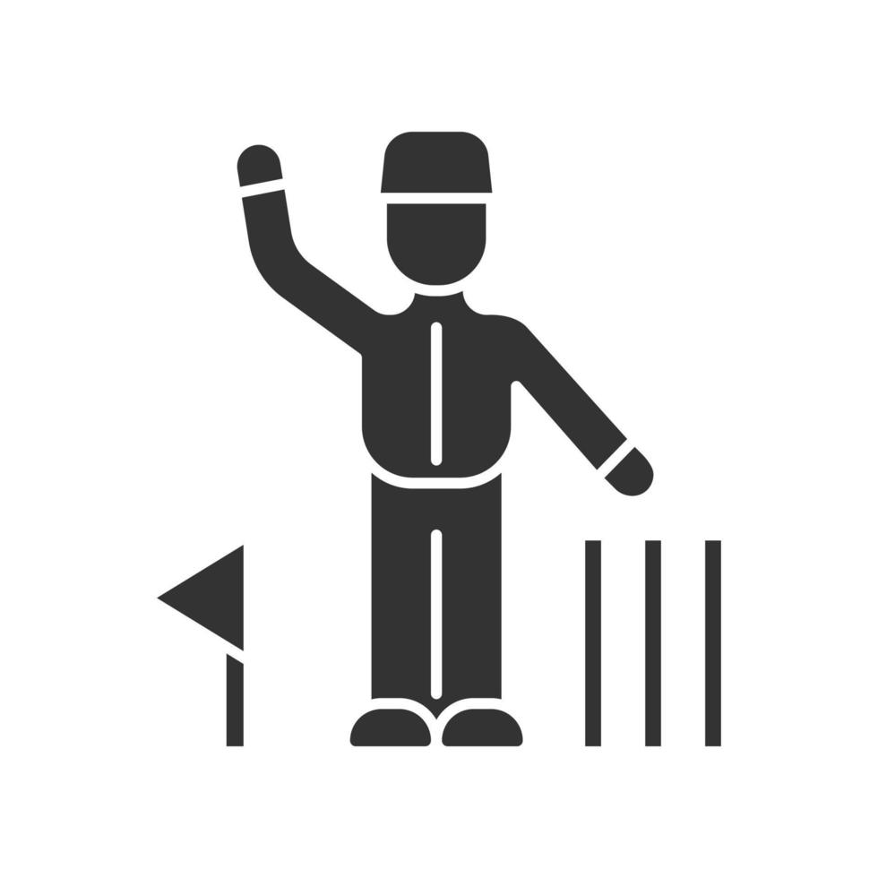 icône de glyphe de juge de cricket. l'arbitre signale la décision. l'arbitre suit le jeu. homme en uniforme, drapeau, guichet. compétition sportive, tournoi. symbole de la silhouette. espace négatif. illustration vectorielle isolée vecteur