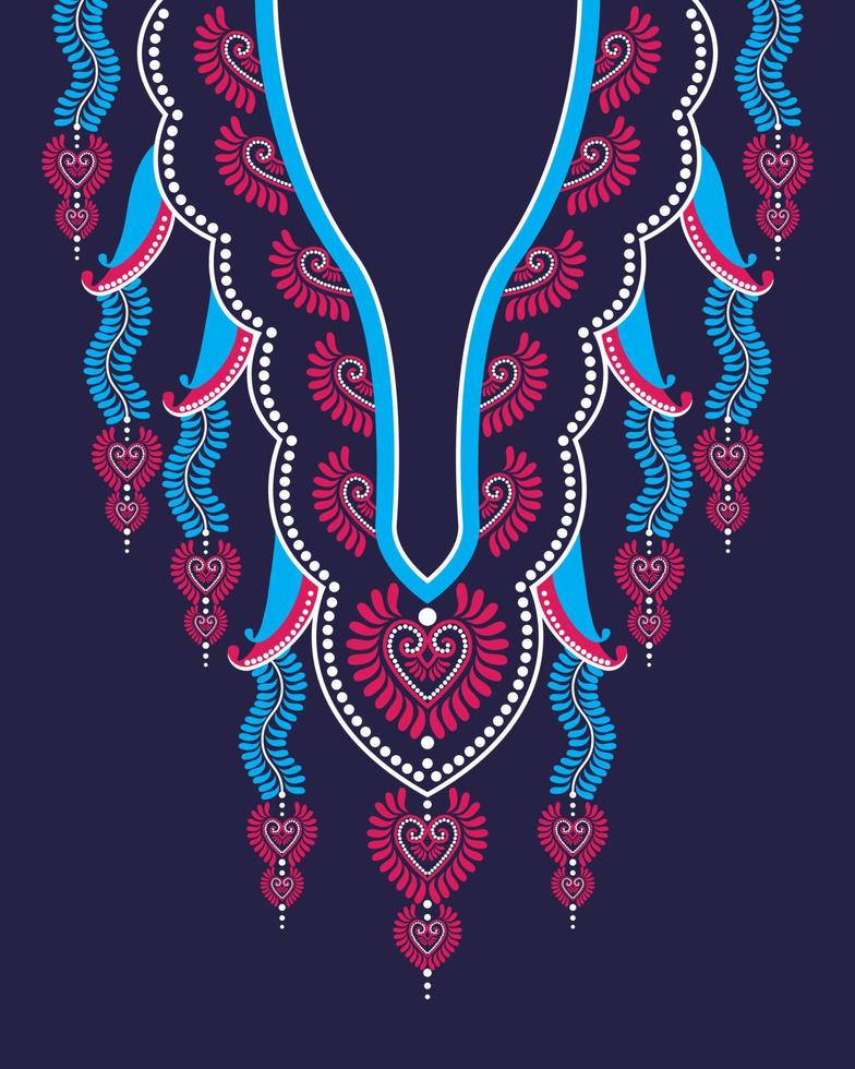 conception de broderie de collier coeur et floral pour les femmes de la mode. motif de broderie avec un beau oriental ethnique géométrique coloré pour le décolleté vecteur